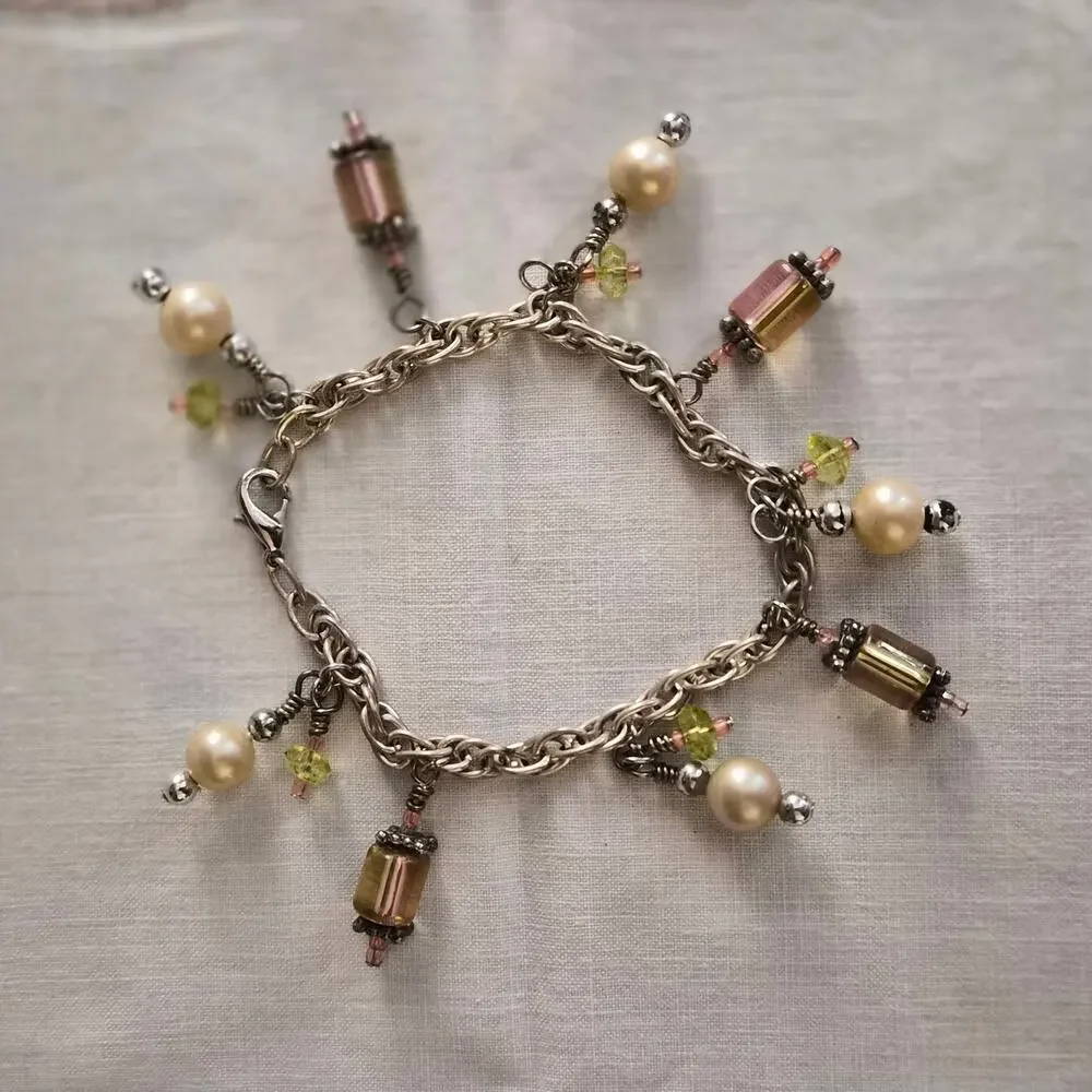 Vintage Fairycore‎ Glass Bead Pearl Charm Bracelet Whimsigoth Cottagecore